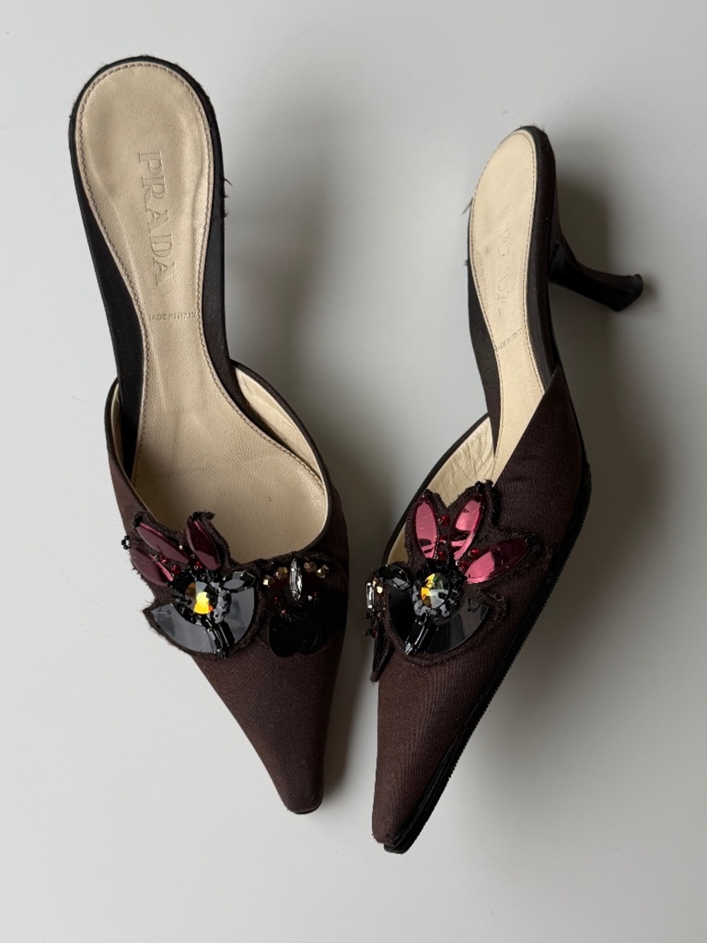 Vintage Prada Embellished Linen Mules, IT 36, approx. US 6